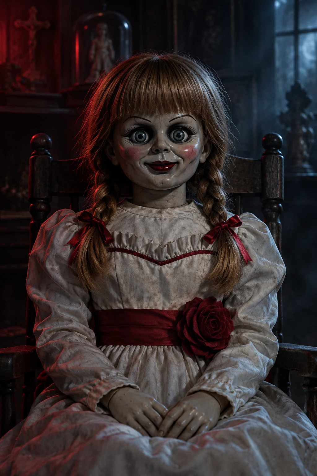 Ilustración cinematográfica de Annabelle con iluminación roja y azul para Horrorverse