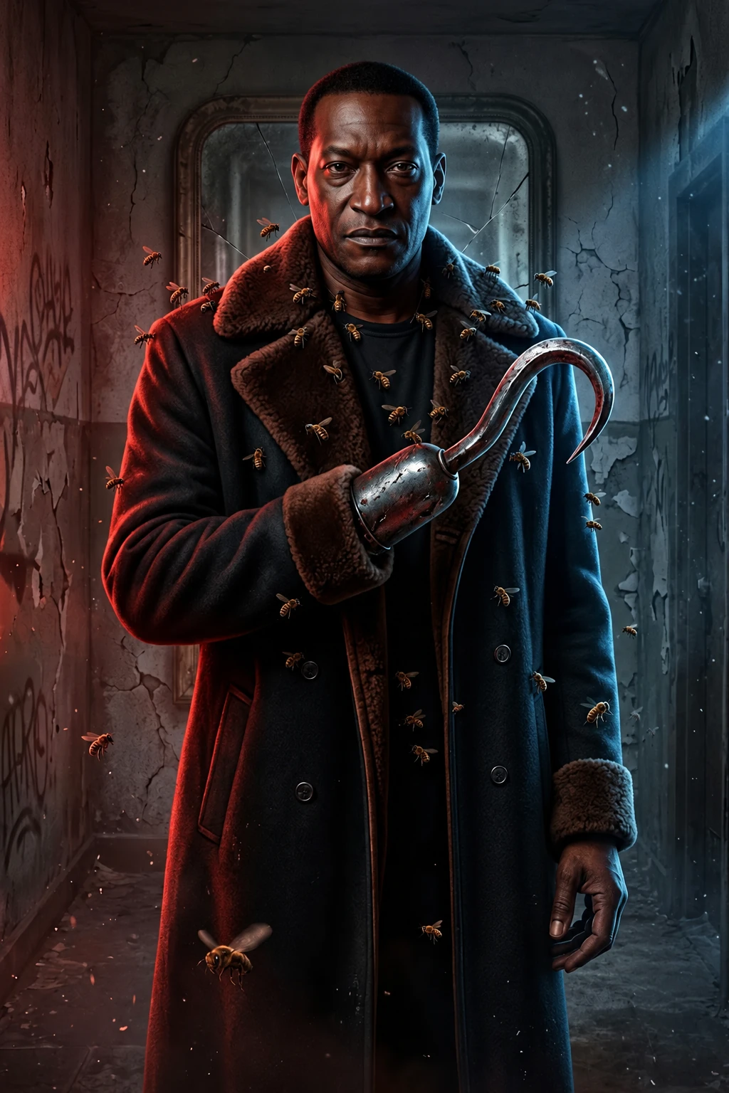 Ilustración de un solo Candyman con abrigo oscuro, gancho y abejas en un pasillo deteriorado con iluminación roja y azul.
