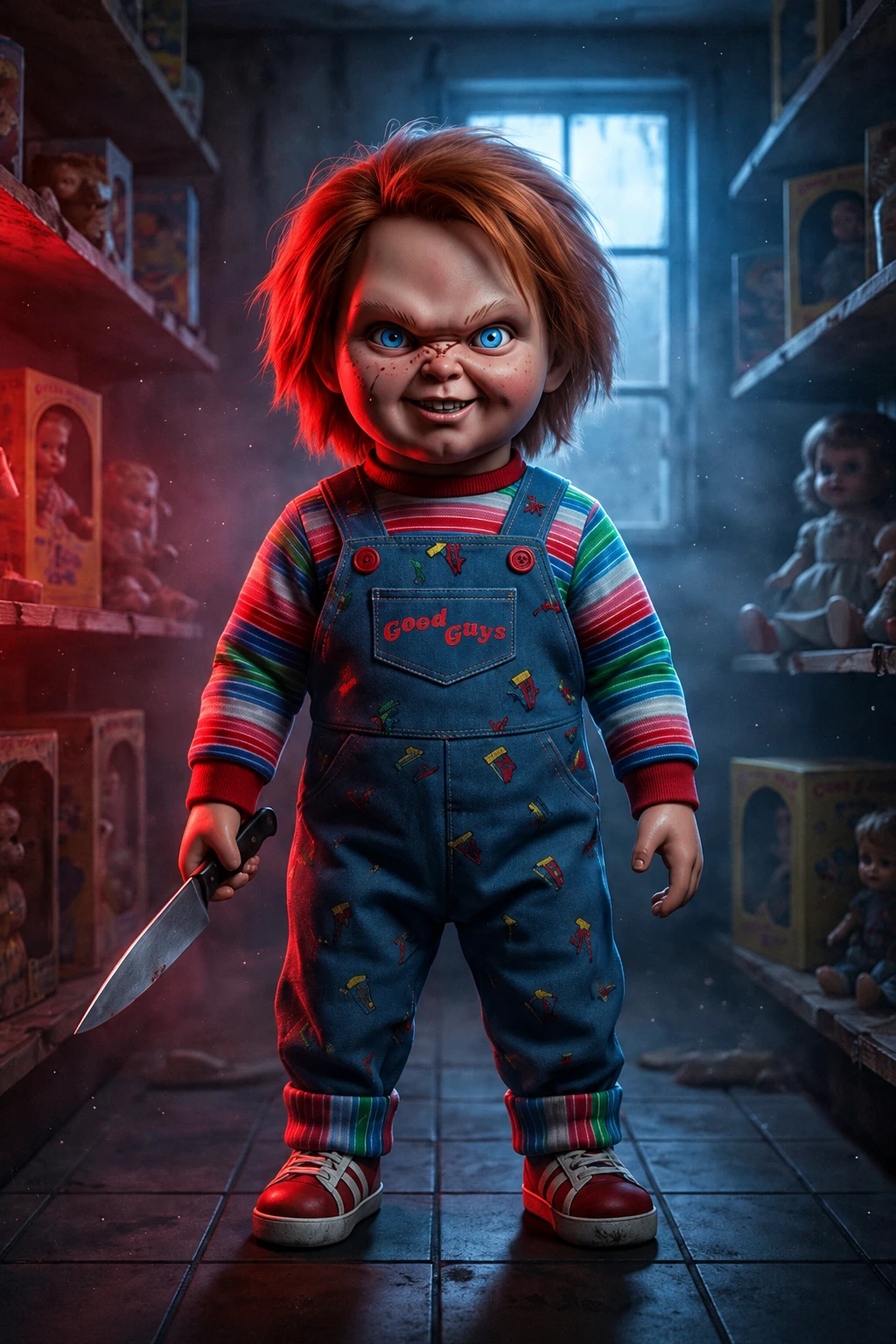 Ilustración de Chucky de cuerpo completo con cabello rojo, ojos azules, peto y cuchillo, en una juguetería con luz roja y azul.