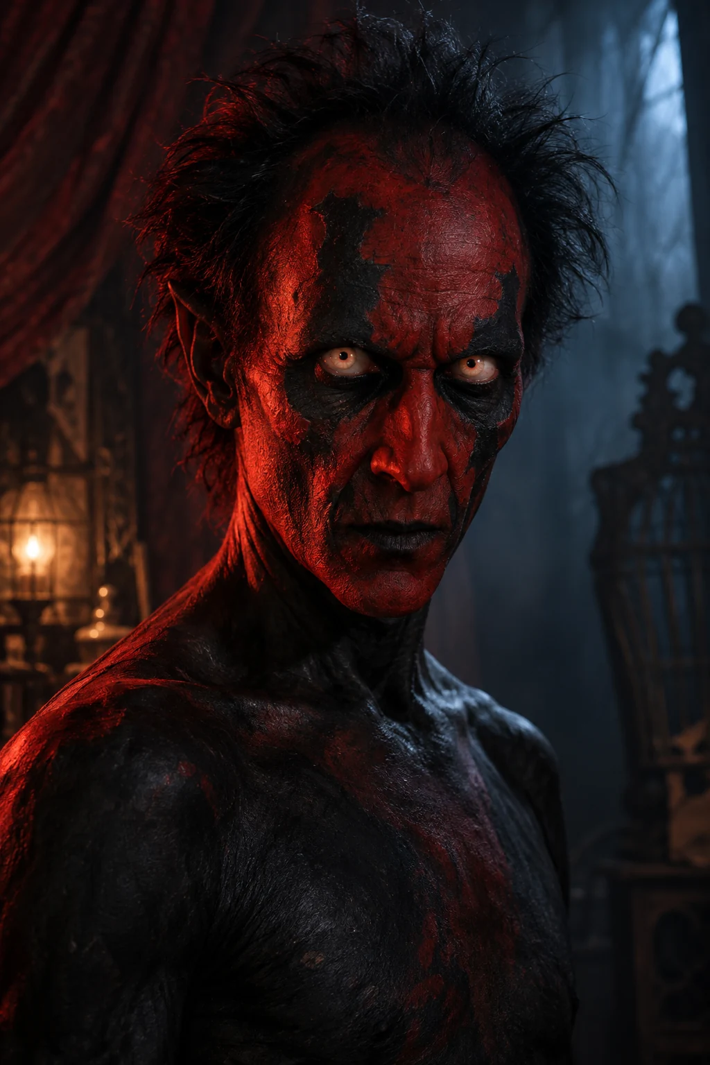 Ilustración cinematográfica de El demonio del rostro rojo con iluminación roja y azul para Horrorverse