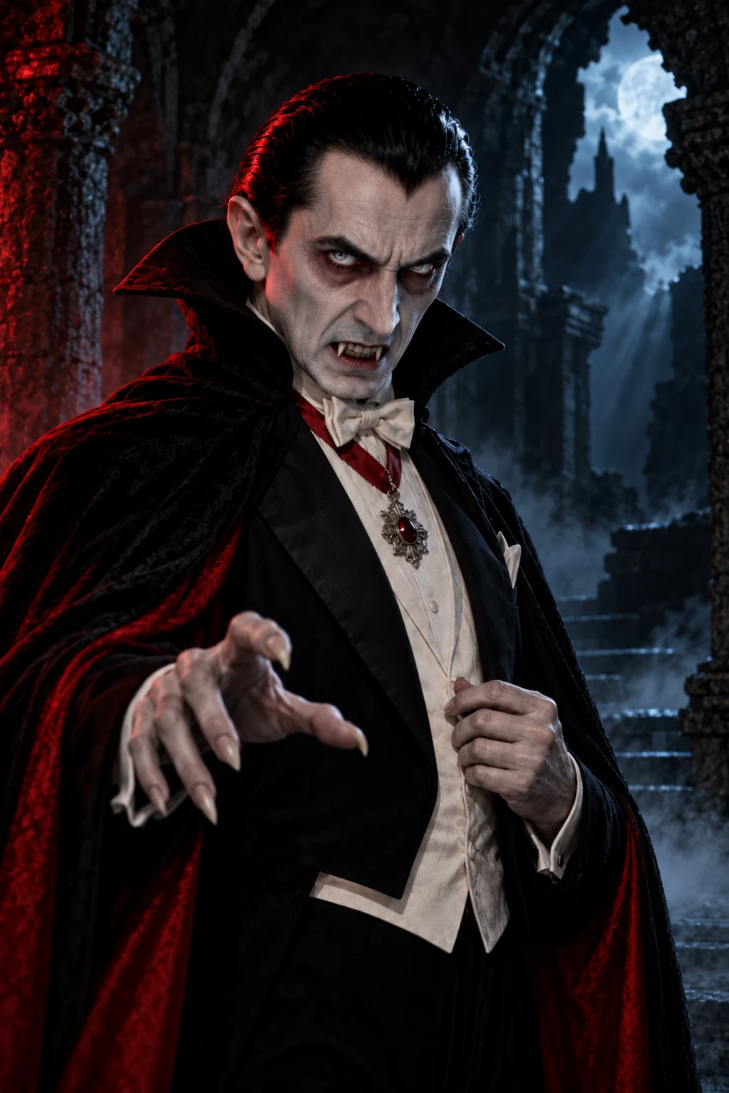 Ilustración cinematográfica de Drácula con iluminación roja y azul para Horrorverse