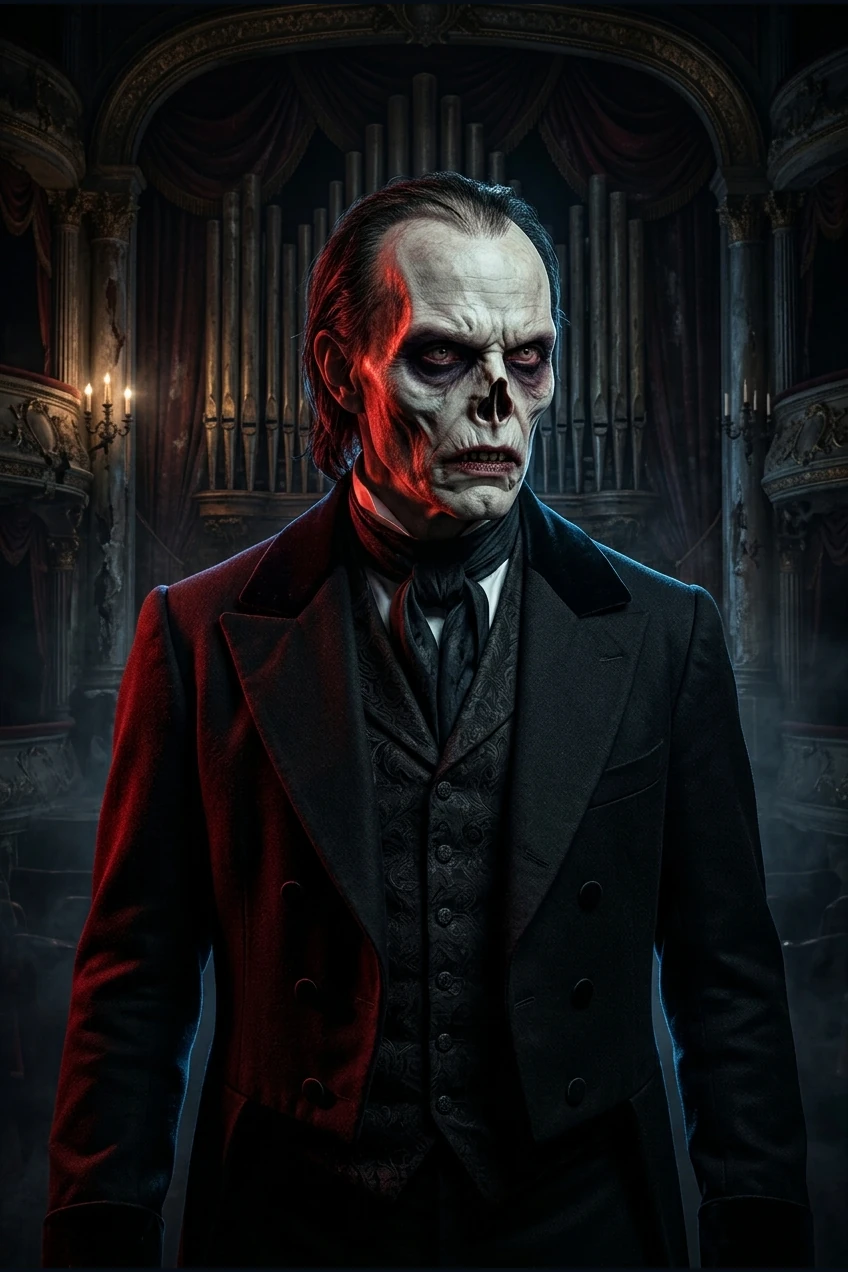 Ilustración de El fantasma de la ópera con rostro esquelético y abrigo negro, ante un órgano y cortinajes con iluminación roja y azul.
