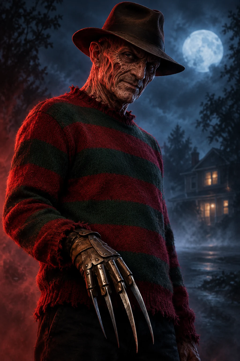 Ilustración cinematográfica de Freddy Krueger con iluminación roja y azul para Horrorverse