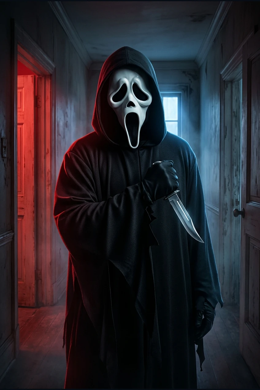 Ilustración de Ghostface con máscara blanca alargada, capucha negra y cuchillo, en un pasillo iluminado en rojo y azul.