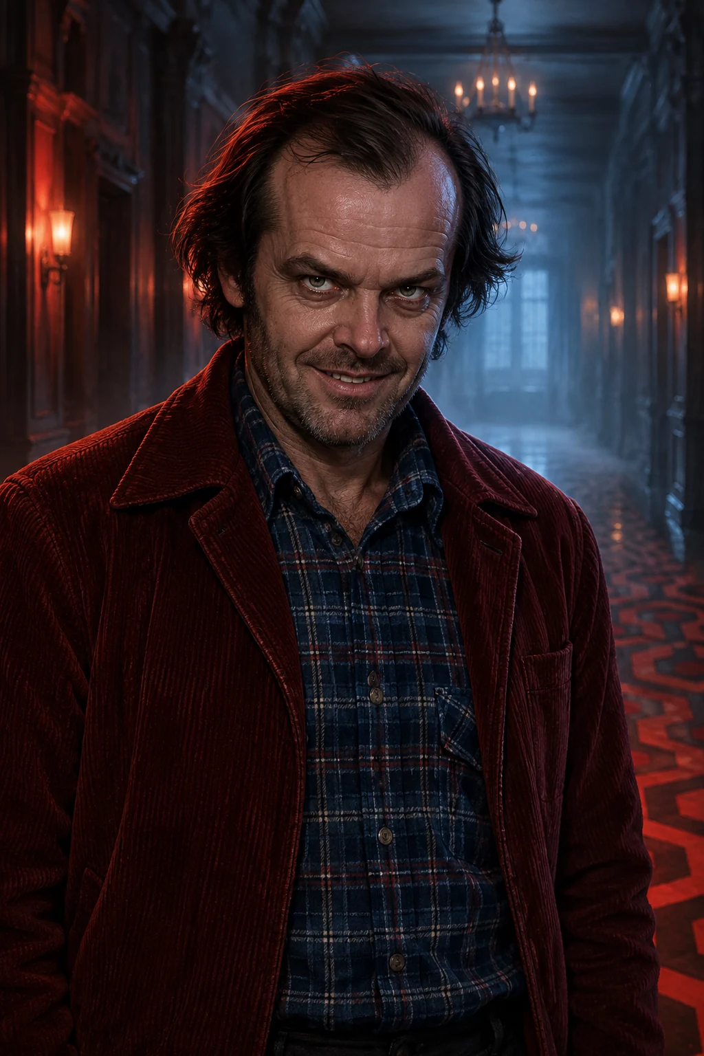 Ilustración cinematográfica de Jack Torrance con iluminación roja y azul para Horrorverse