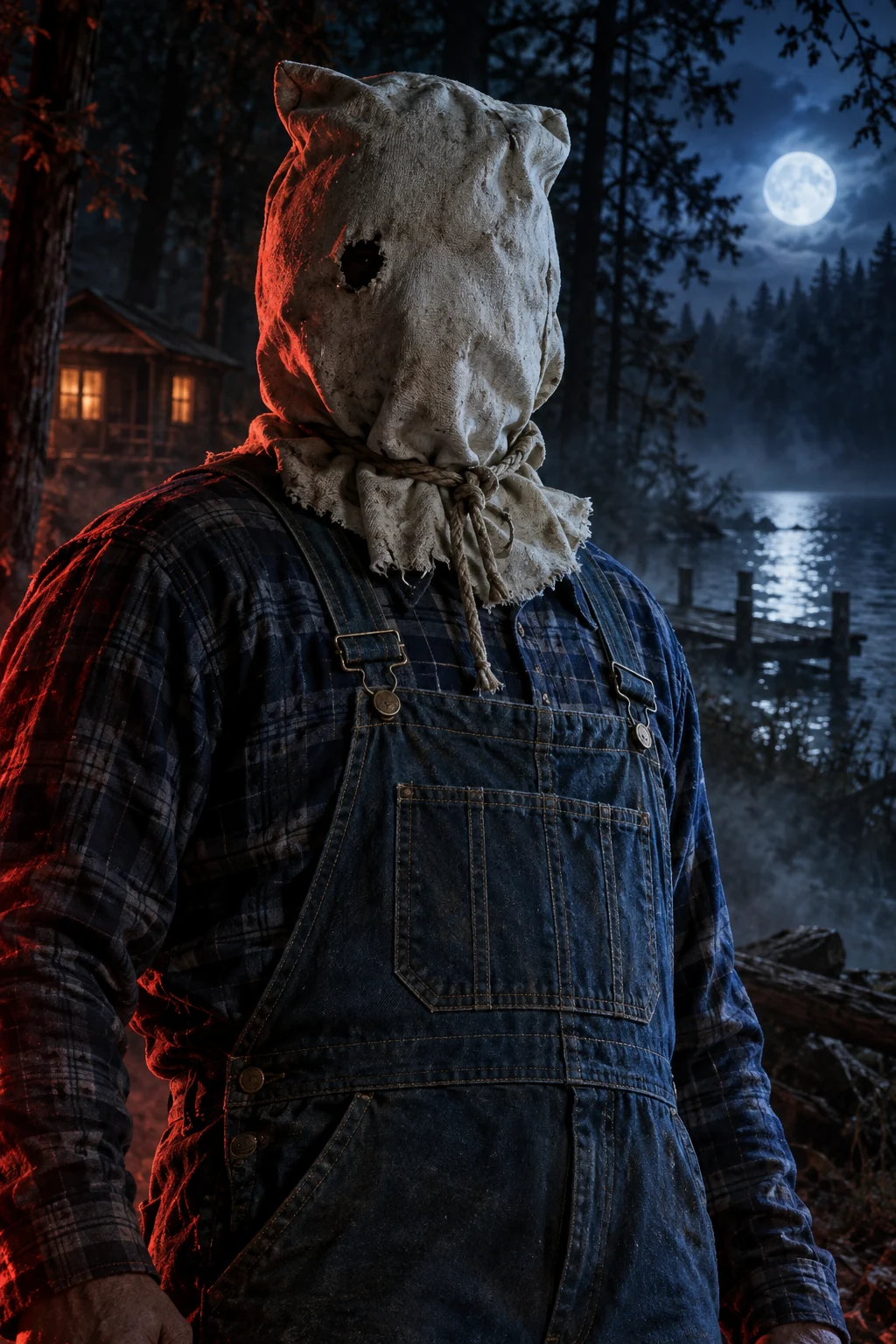 Ilustración cinematográfica de Jason Voorhees con iluminación roja y azul para Horrorverse