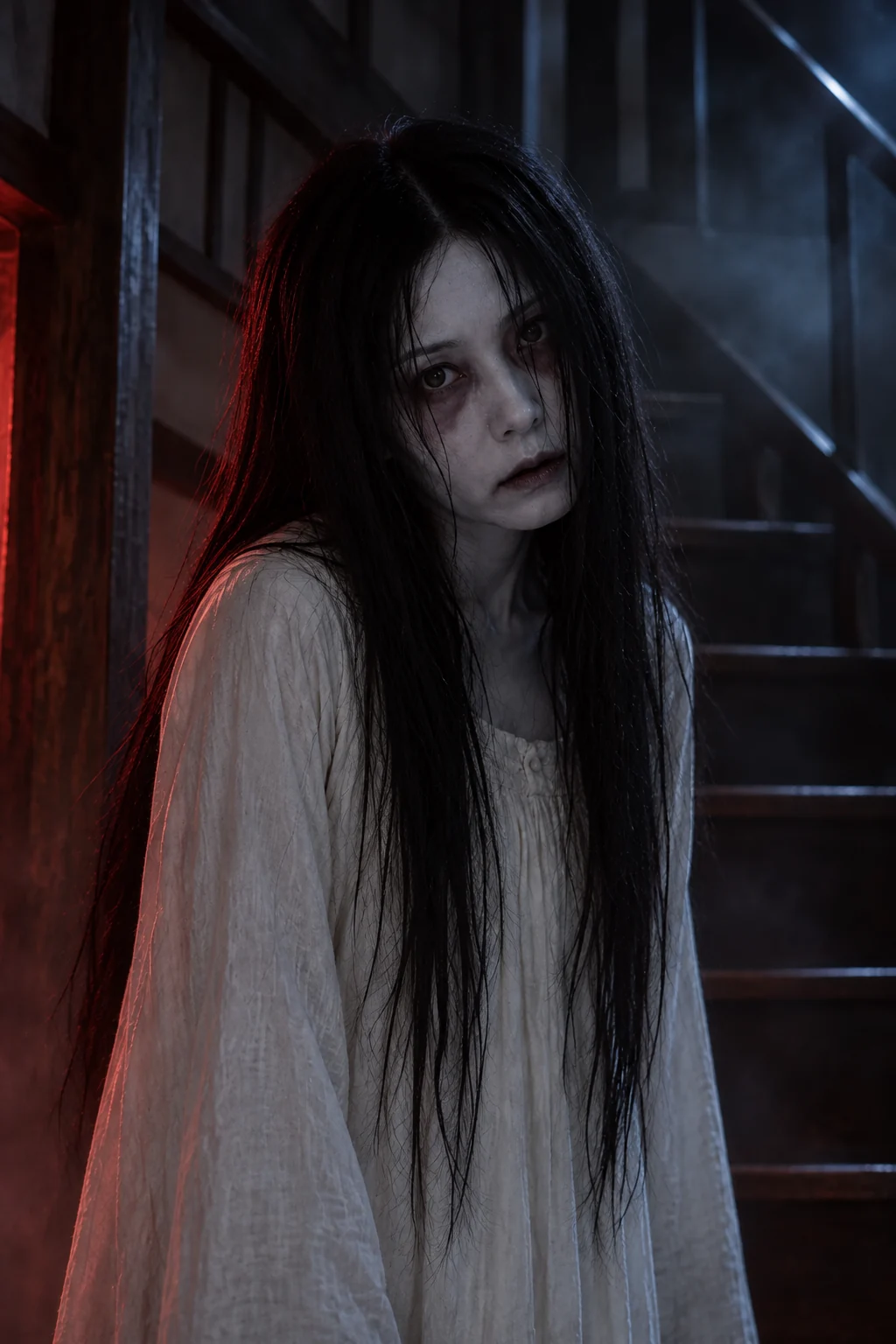 Ilustración cinematográfica de Kayako Saeki con iluminación roja y azul para Horrorverse