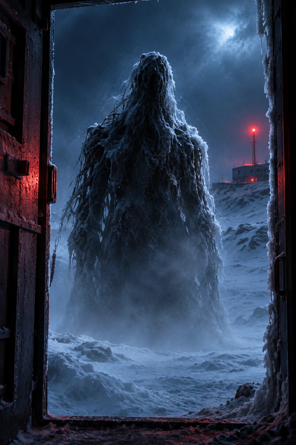 Ilustración cinematográfica de La Cosa con iluminación roja y azul para Horrorverse