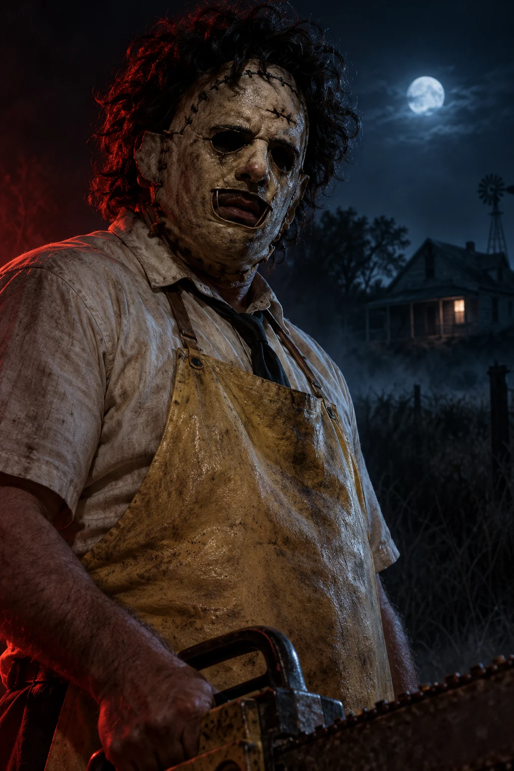 Ilustración cinematográfica de Leatherface con iluminación roja y azul para Horrorverse
