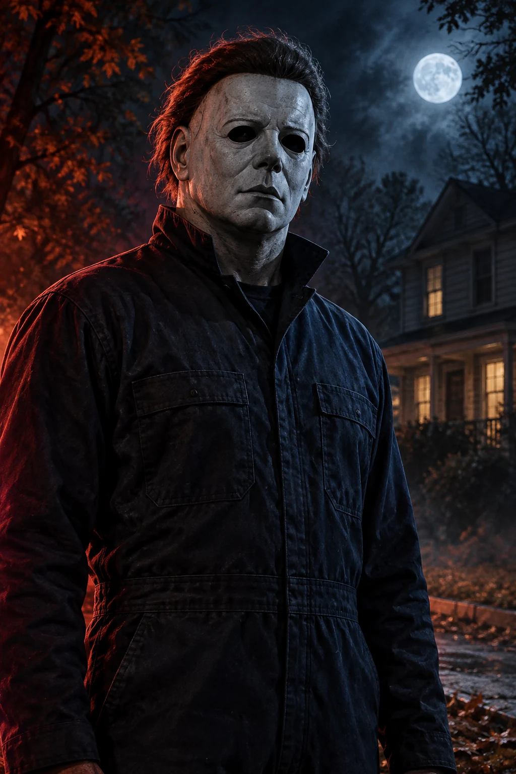 Ilustración cinematográfica de Michael Myers con iluminación roja y azul para Horrorverse