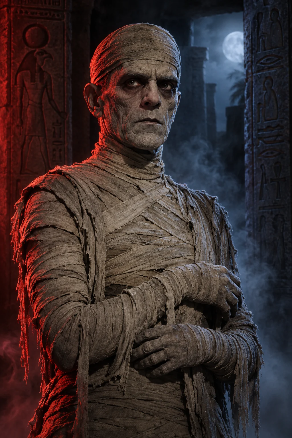 Ilustración cinematográfica de Imhotep con iluminación roja y azul para Horrorverse