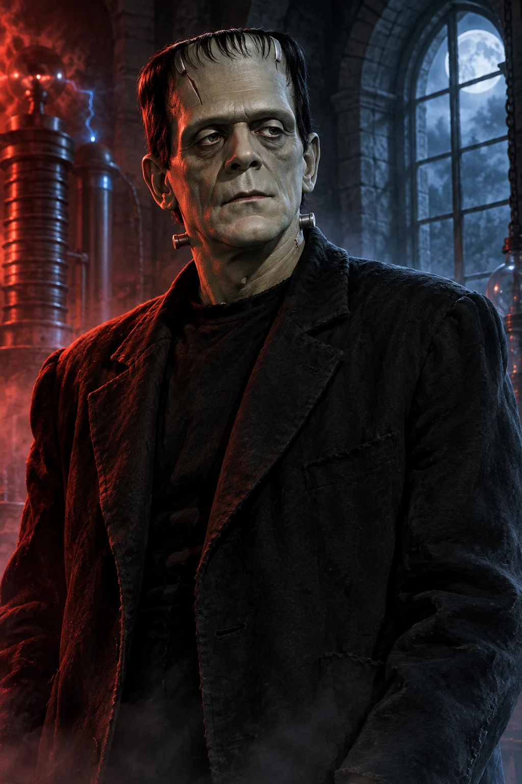 Ilustración cinematográfica de La criatura de Frankenstein con iluminación roja y azul para Horrorverse
