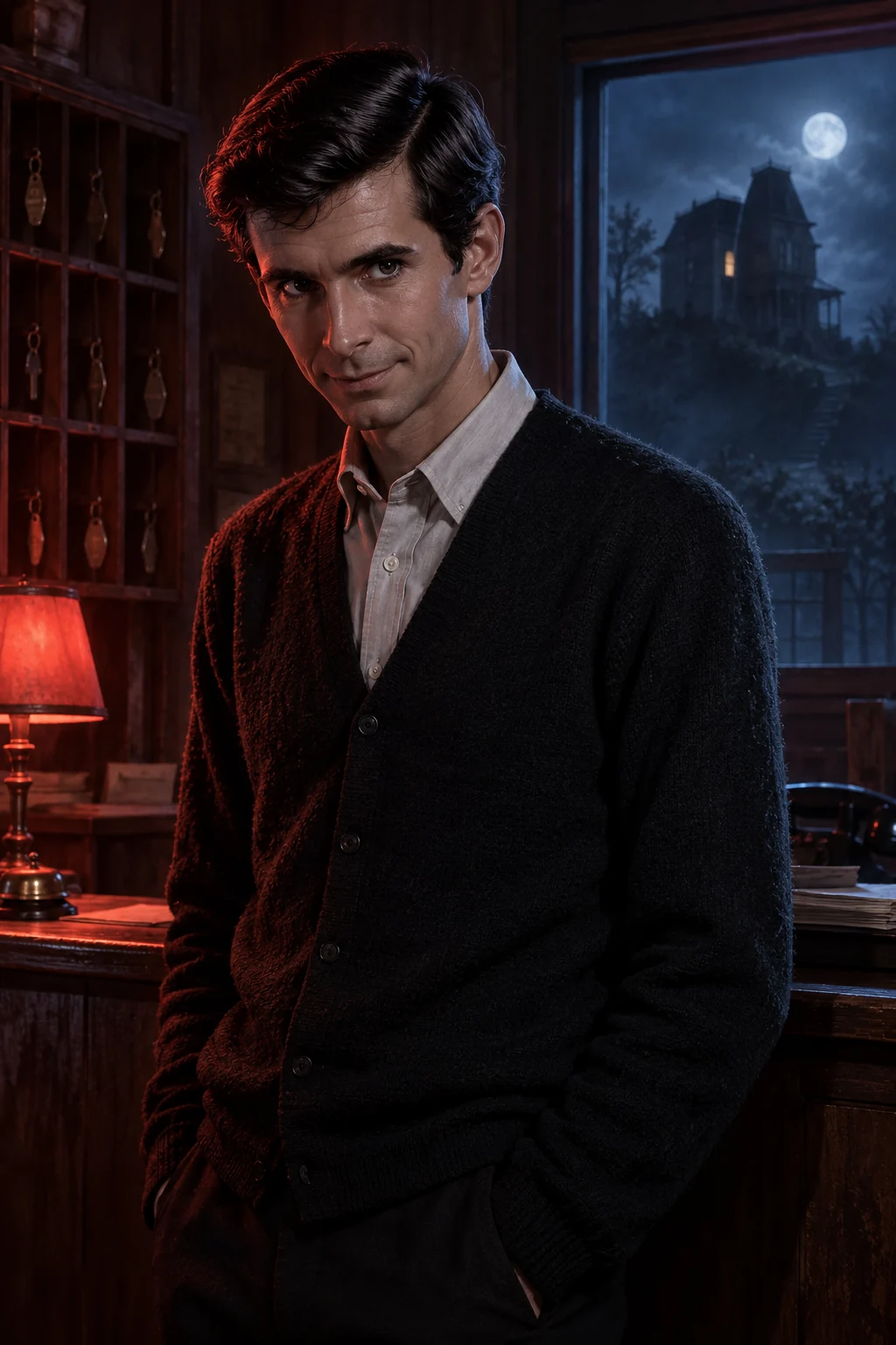 Ilustración cinematográfica de Norman Bates con iluminación roja y azul para Horrorverse