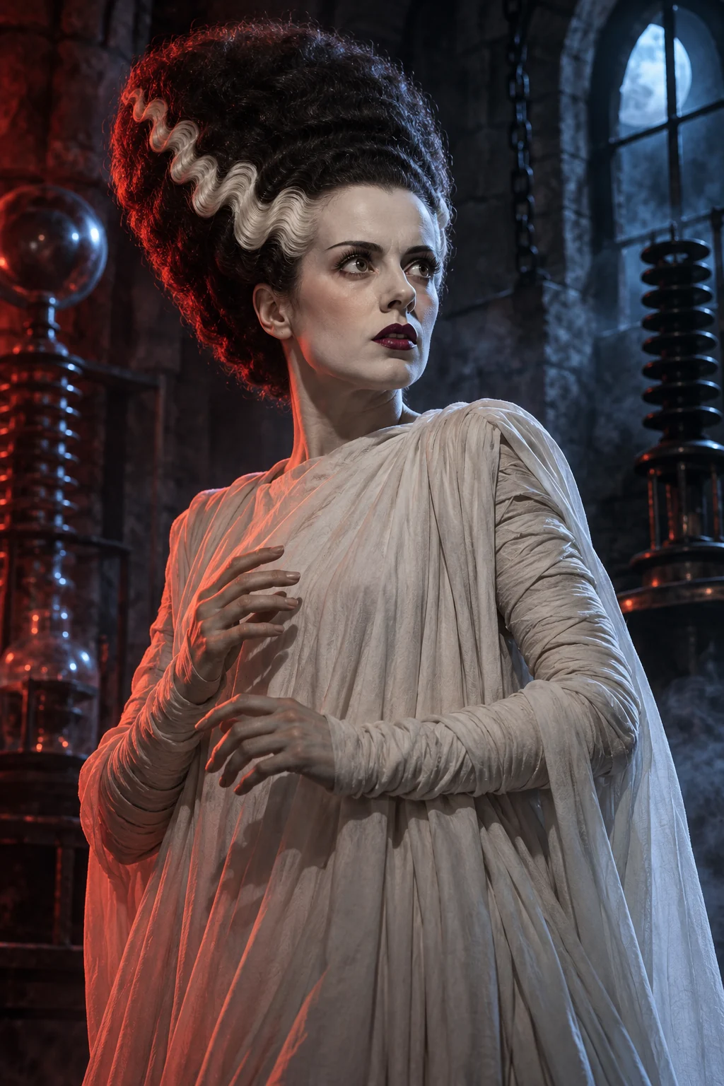 Ilustración cinematográfica de La novia de Frankenstein con iluminación roja y azul para Horrorverse