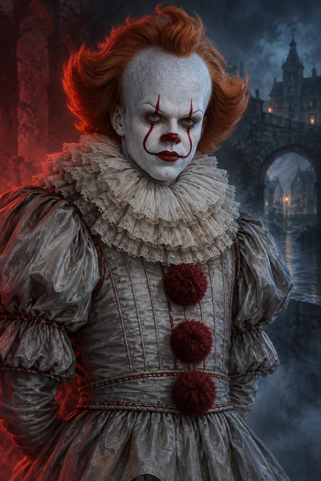 Ilustración cinematográfica de Pennywise con iluminación roja y azul para Horrorverse