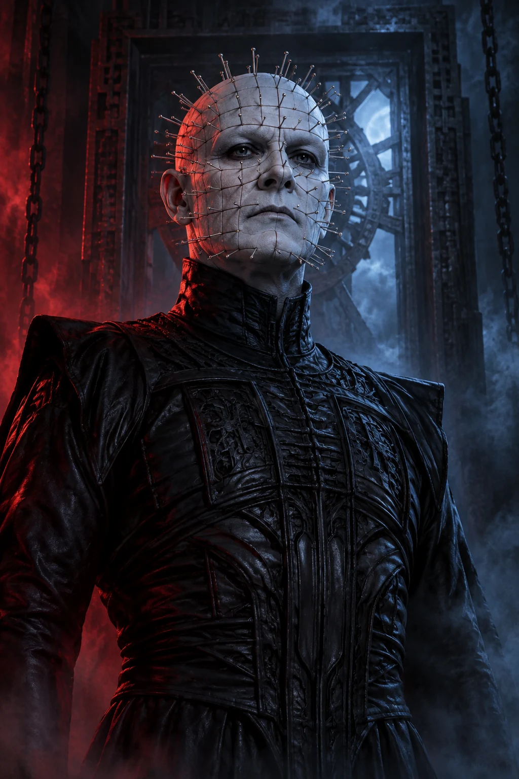 Ilustración cinematográfica de Pinhead con iluminación roja y azul para Horrorverse