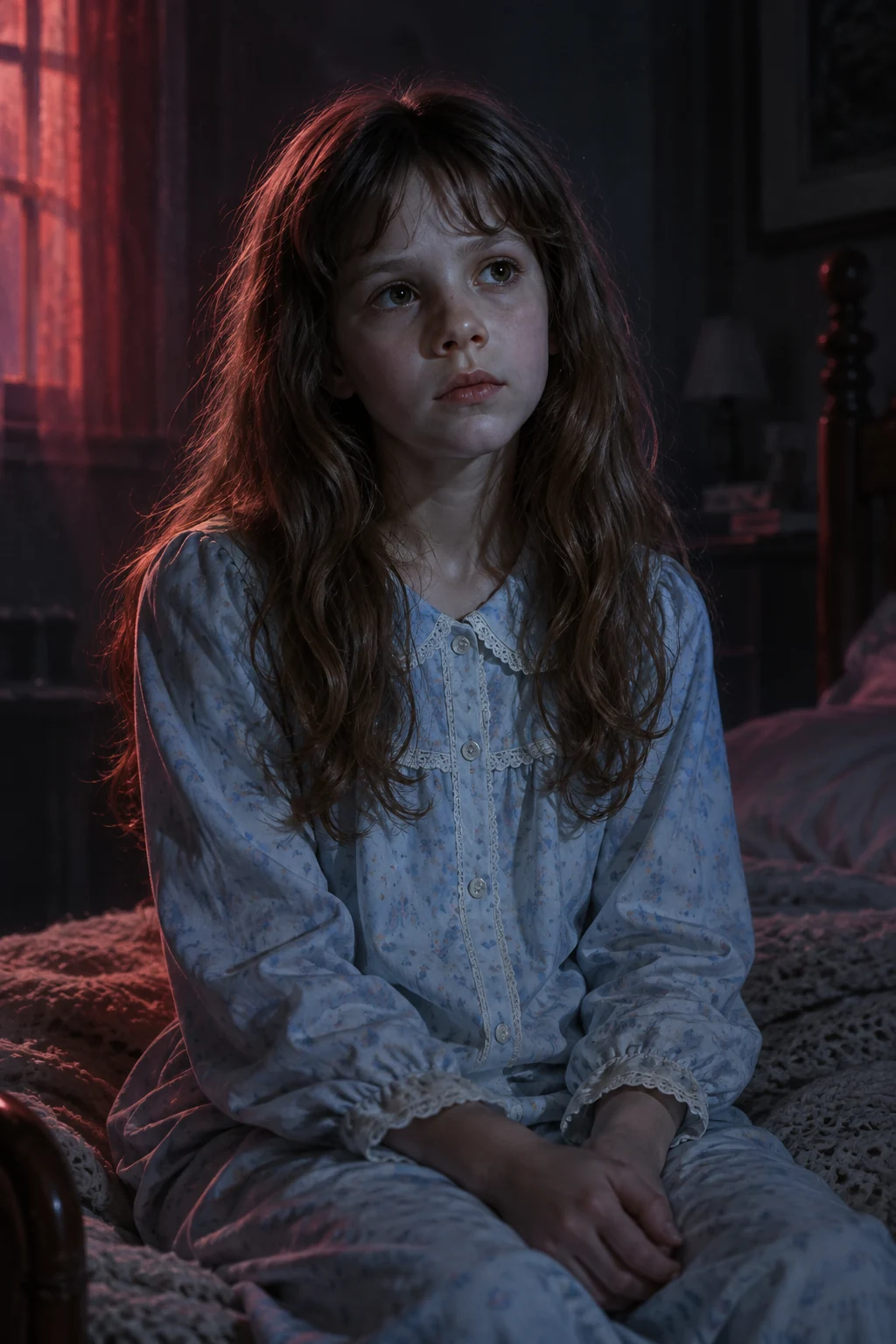 Ilustración cinematográfica de Regan MacNeil con iluminación roja y azul para Horrorverse