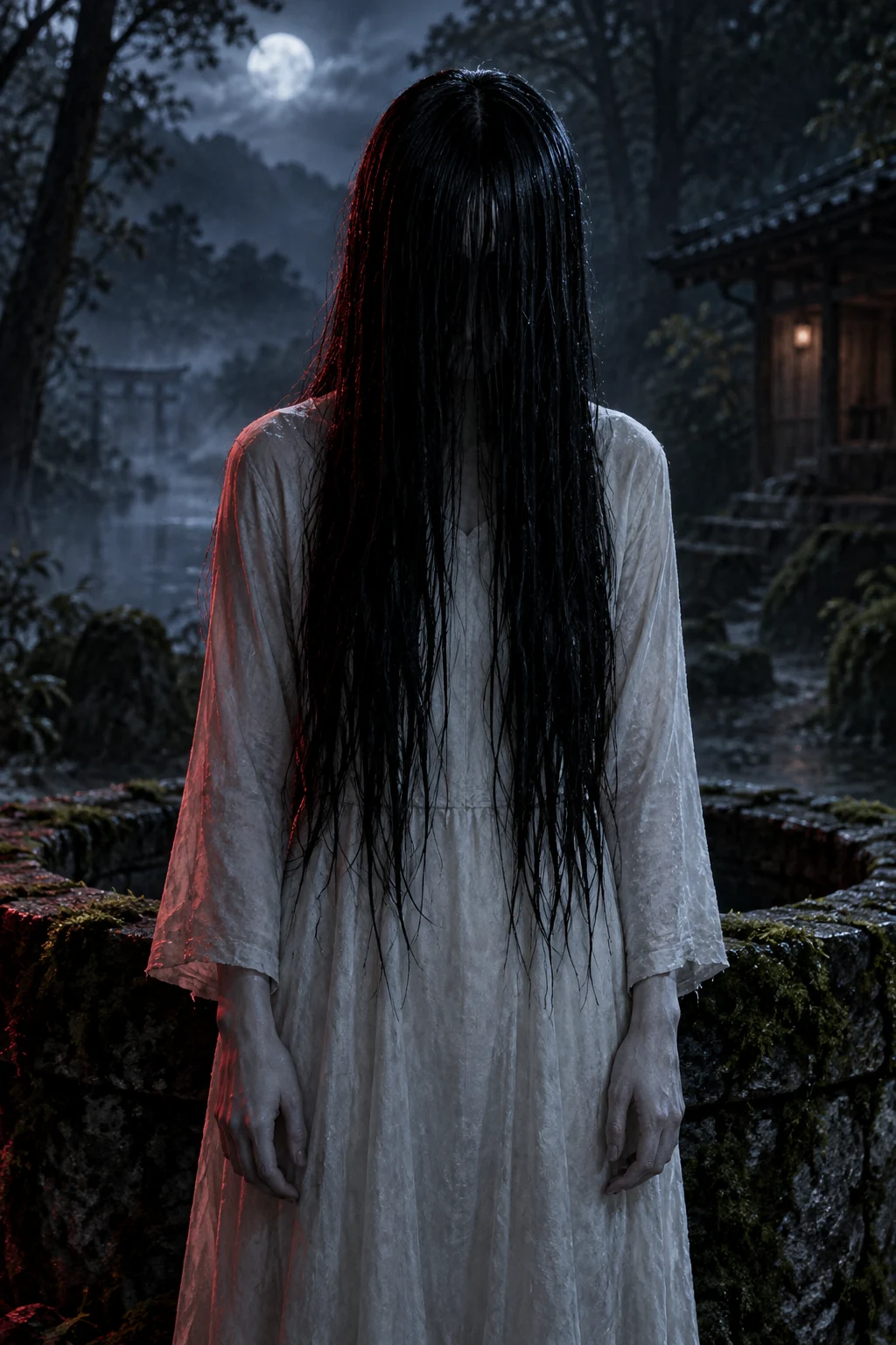 Ilustración cinematográfica de Sadako Yamamura con iluminación roja y azul para Horrorverse