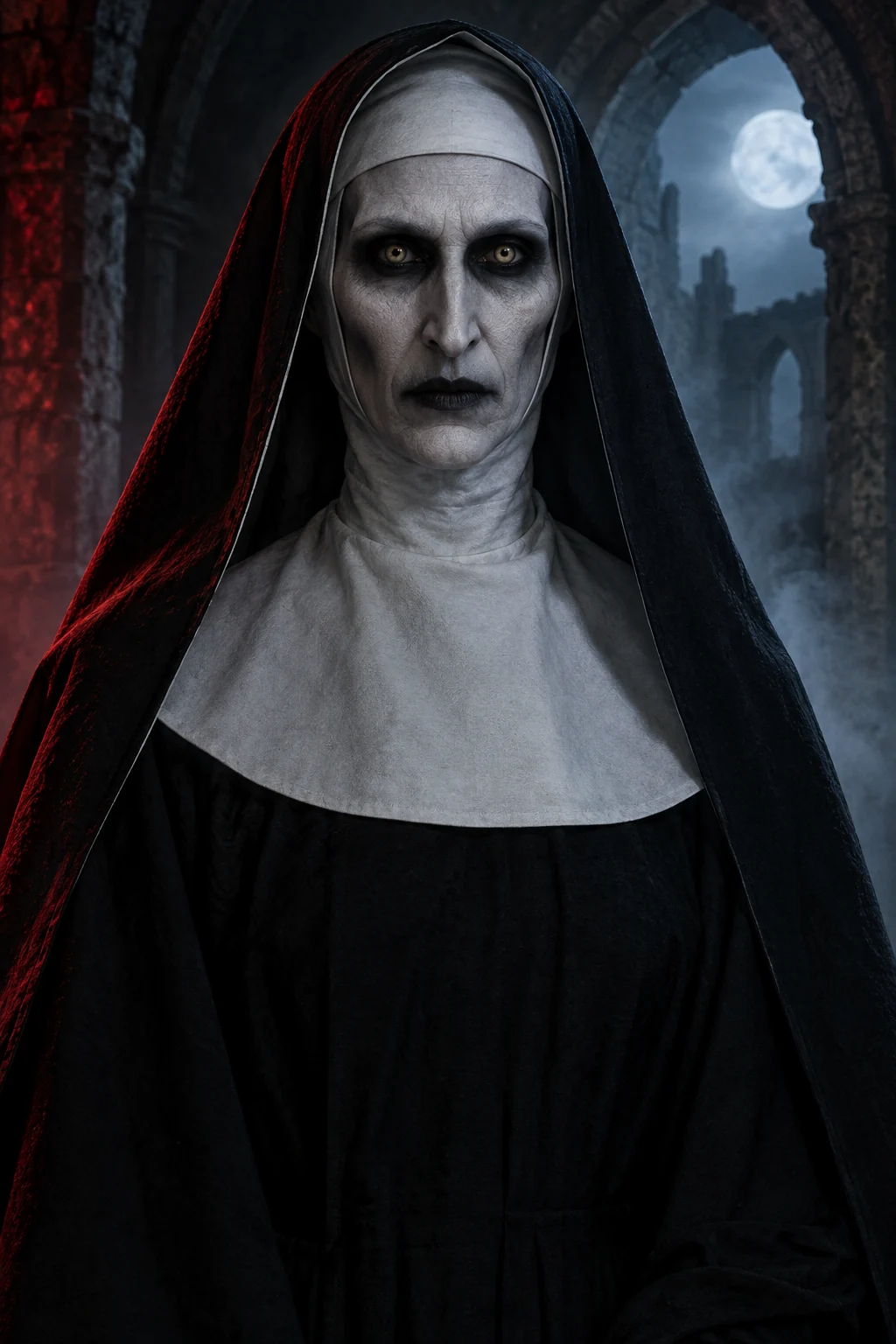 Ilustración cinematográfica de Valak con iluminación roja y azul para Horrorverse