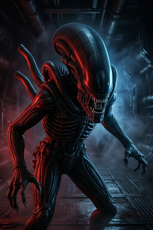 Ilustración del Xenomorfo con cabeza alargada completa, cuerpo biomecánico y ambas garras en un pasillo industrial iluminado en rojo y azul.